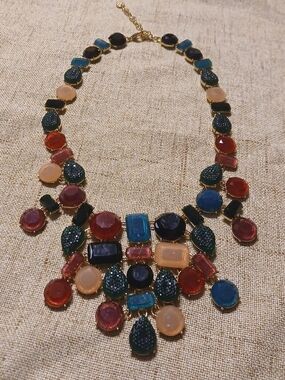 Talbots Multicolor Gemstone Bib Necklace in Blue, Green, Red, Pink, Black, Cream